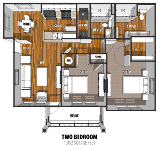 B - Two Bedroom / Two Bath - 1,052 Sq.Ft.*